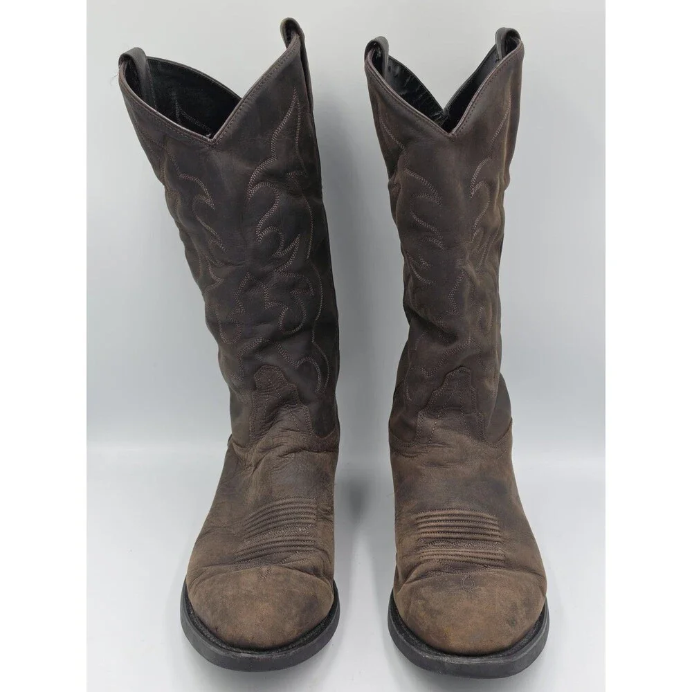 Old West Nubuck Mens Brown Leather Cowboy Western Boots 10.5 EE TBM3051